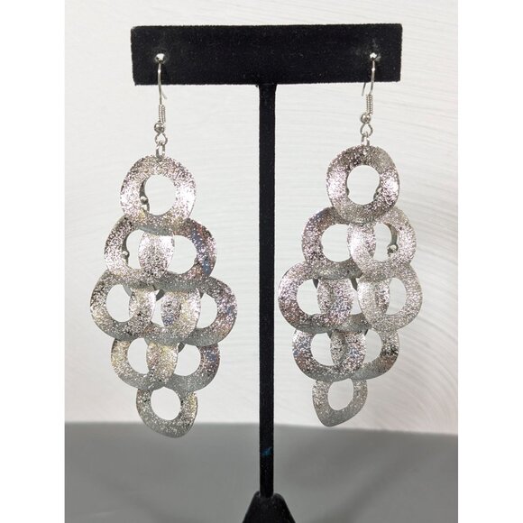 Silver Tone Textured Round Disc Chandelier Charm Statement Earrings MOD Long - Picture 1 of 9